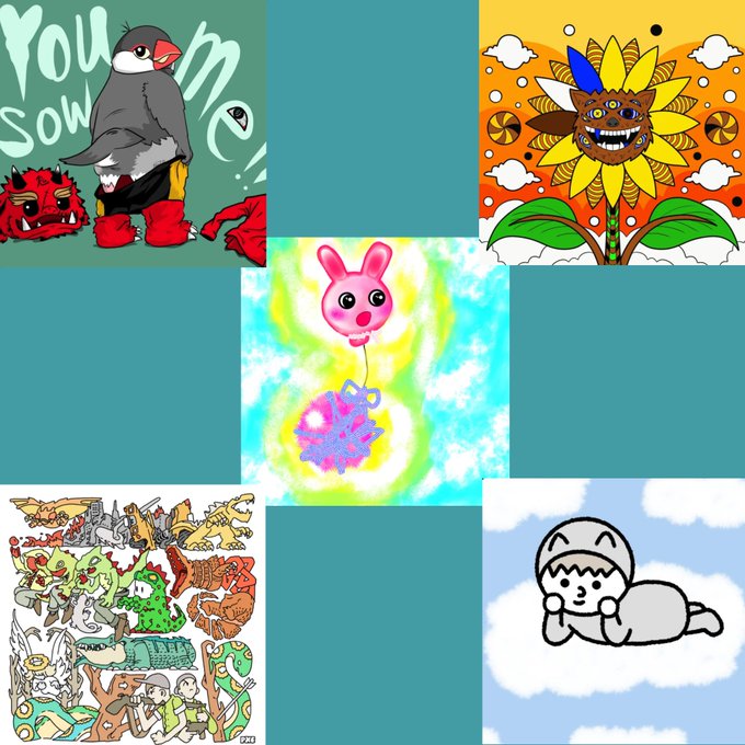 A collage of five vibrant digital art editions, including a bird character with "You sow me" text, a sunflower with a grinning face, a glowing pink bunny balloon, a kaiju creature illustration, and a floating mushroom-headed figure on a cloud, showcasing the NFT purchases from various artists.