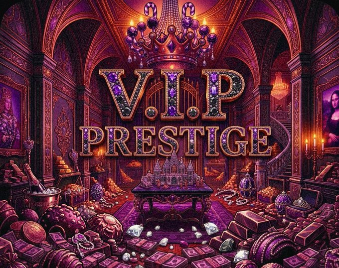 A luxurious palace room filled with treasure, gold, and jewels, featuring a glowing "V.I.P PRESTIGE" title beneath a royal crown—visually representing the premium, high-value rewards being distributed to members, with 281 Risk-Free Plays totaling 51.18 SOL across categories like Godmode, Powerball, and Risk Free Flip/Busto.