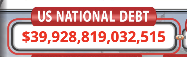 The image shows a debt counter displaying the US National Debt at $39,928,819,032,515, just under the $40 trillion mark. This visually reinforces the post's point about the national debt approaching $40T, highlighting concerns about fiat currency devaluation that support a bullish case for Bitcoin as an alternative store of value.