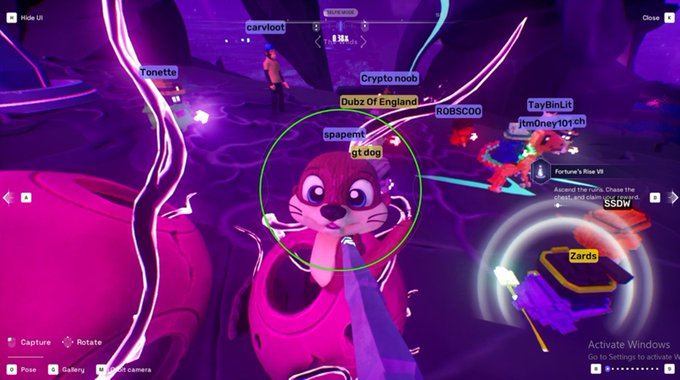 A screenshot from a video game showing a cartoonish creature character in a vibrant purple environment with various player usernames visible above other characters.