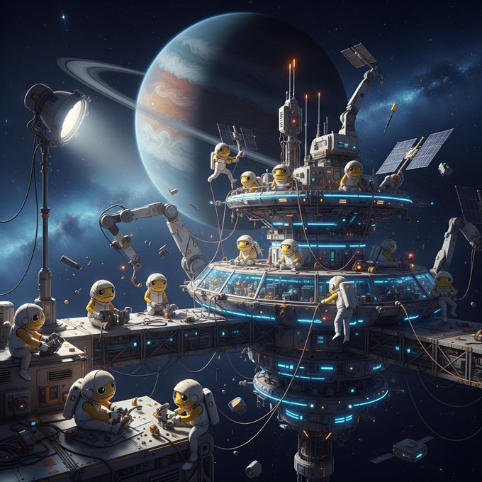 The image features a large space station with numerous small robots working together. There are at least 14 people visible in various positions around the space station, some of them wearing white suits while others have yellow suits. The space station itself has multiple levels and is surrounded by stars, giving it an otherworldly appearance. A planet can be seen in the background, adding to the futuristic atmosphere of the scene.

The post reads: "The $TURBO revolution never stops, and our mission continues to scale". This message emphasizes the ongoing progress and development of space exploration technology, highlighting the importance of teamwork and innovation in achieving success.