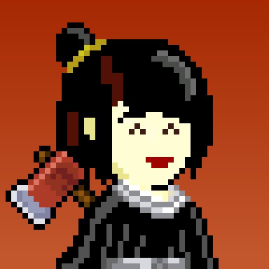 A pixel art portrait of a pale-skinned character with dark hair, red lips, and a yellow hair clip, holding what appears to be a small red object.