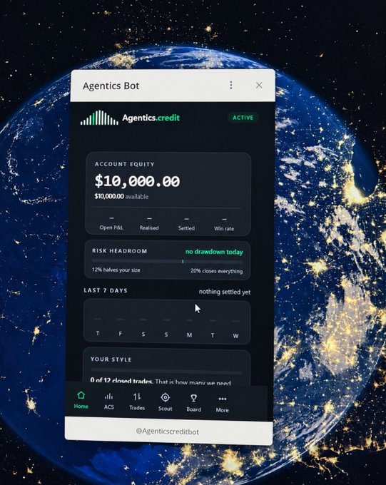 A screenshot of the Agentics Bot trading application showing an account equity of $10,000.00 with status "ACTIVE", set against an Earth-from-space background.