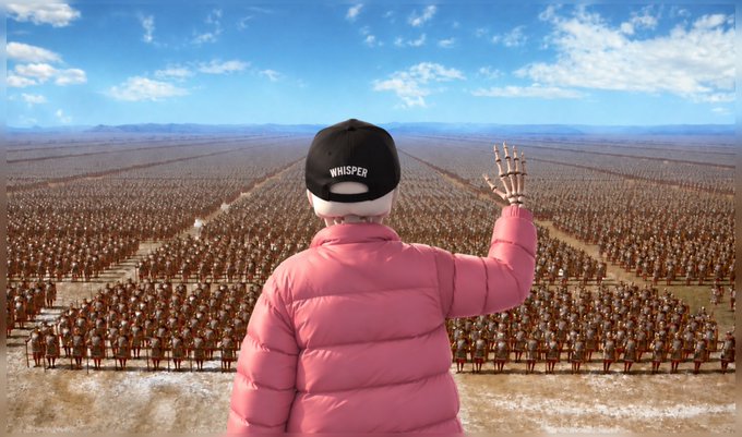 A surreal image showing a person wearing a pink jacket and a 'Whisper' cap from behind, gesturing toward a vast desert populated by a massive army of figures.