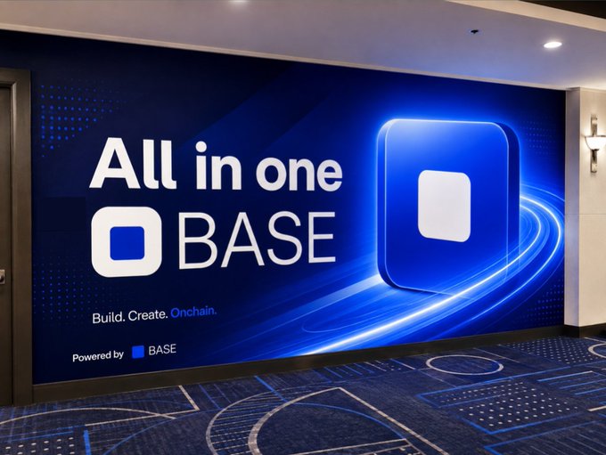 A large blue indoor advertisement or display featuring the text 'All in one BASE' and the tagline 'Build. Create. Onchain.' with 'Powered by BASE' below, alongside a prominent blue cube logo.