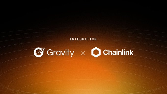 A dark gradient graphic announcing an 'INTEGRATION' between 'Gravity' and 'Chainlink', with their respective logos displayed side by side.