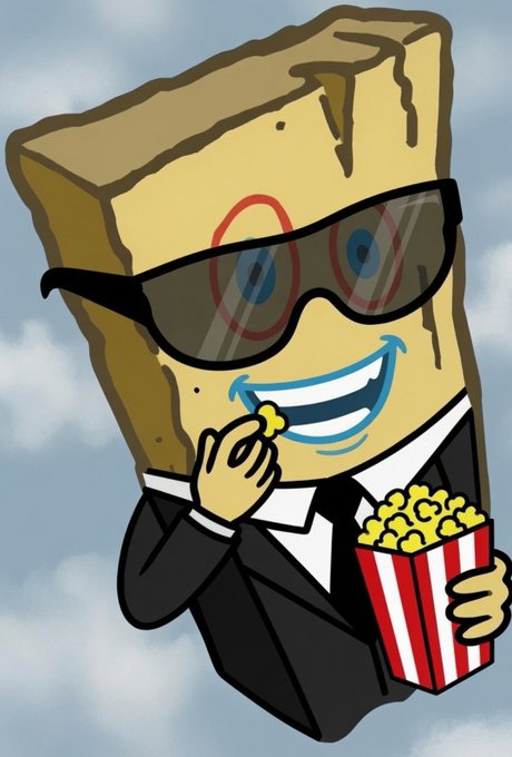 A cartoon illustration shows an anthropomorphic cardboard box character wearing black sunglasses and a black suit, smiling while eating popcorn and holding a red and white striped popcorn bucket against a cloudy sky background.