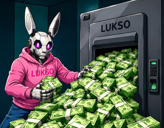 A digital illustration depicts a robotic rabbit-headed figure in a pink "LUKSO" hoodie holding stacks of cash in front of an ATM overflowing with money and labeled "LUKSO".