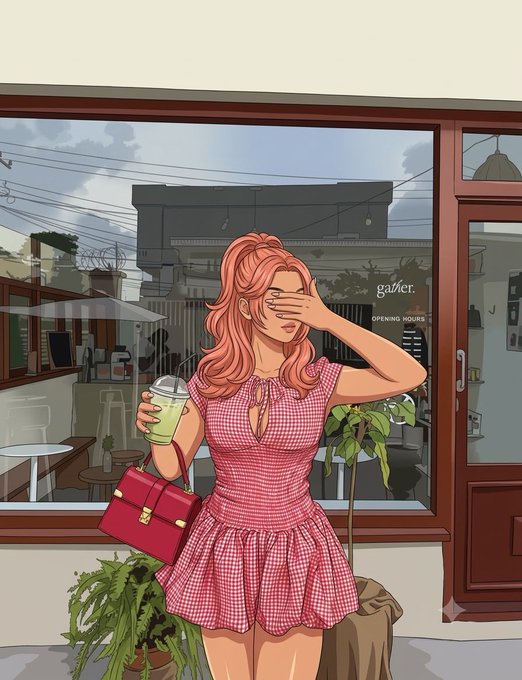 An anime-style illustration of a pink-haired woman in a red checkered dress holding a green drink and a red handbag outside a café named 'gaviet.'