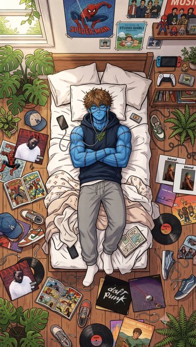 An overhead illustration of a person with messy orange hair and blue skin lying on a bed surrounded by vinyl records, comic books (including Spider-Man), plants, sneakers, and a Nintendo Switch.