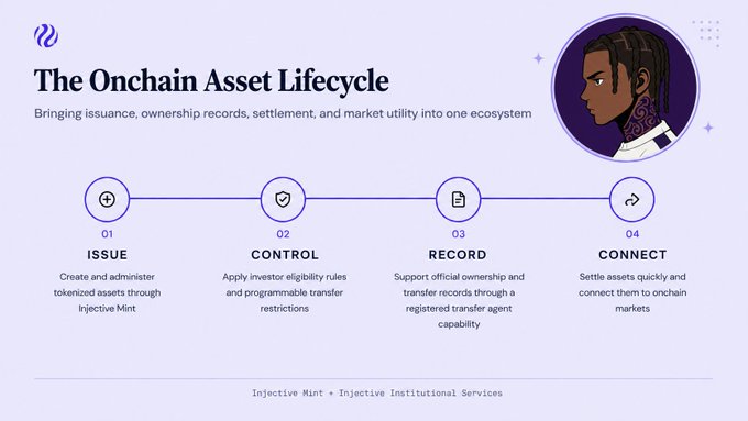 An infographic titled 'The Onchain Asset Lifecycle' by Injective Mint, outlining four steps: Issue, Control, Record, and Connect, with an illustration of a person in a purple circle.