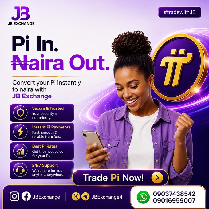 An advertisement for JB Exchange featuring the tagline 'Pi In. Naira Out.' promoting Pi cryptocurrency to naira conversion, with hashtags #tradewithJB, contact numbers 09037438542 and 09016959007, and social media handles @JBExchange.