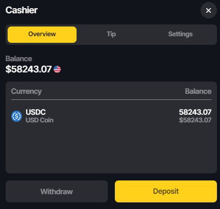 A dark-themed "Cashier" interface displays an account balance of $58,243.07 with funds held in USDC (USD Coin), featuring Withdraw and Deposit buttons. The image illustrates a substantial deposit to support the giveaway promotion's $5 minimum deposit requirement at DuelBetCasino.