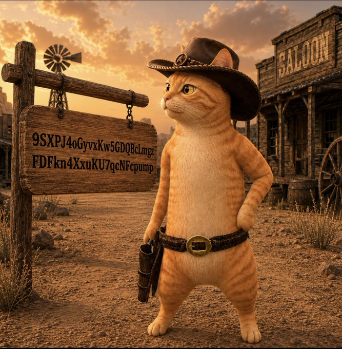 An orange tabby cat dressed as a Wild West cowboy stands proudly in front of a saloon and windmill, with a wooden sign displaying the text "9SXPJ4oGyvxKw5GDQBcLmgzFDFkn4XxuKU7qcNFcpump"—the contract address for the $MEOWDY memecoin, tying the cowboy feline mascot to its on-chain identity.