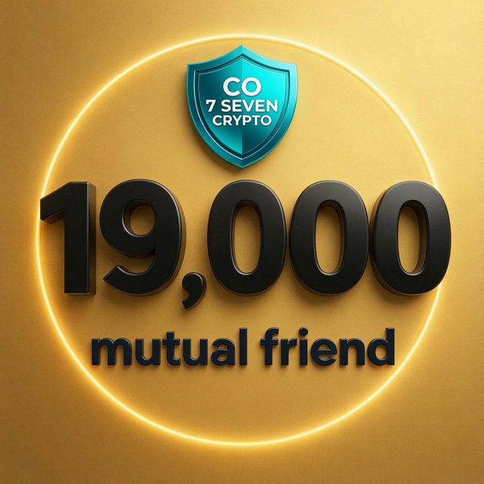 A gold promotional graphic featuring a teal shield logo reading 'CO 7 SEVEN CRYPTO' above large black 3D text stating '19,000 mutual friend' inside a glowing yellow ring.