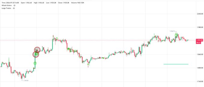 A trading chart showing price action with a red circle highlighting a "Long Up" entry point near a whale order on the left side, with price ranging roughly between 1,920 and 1,960.