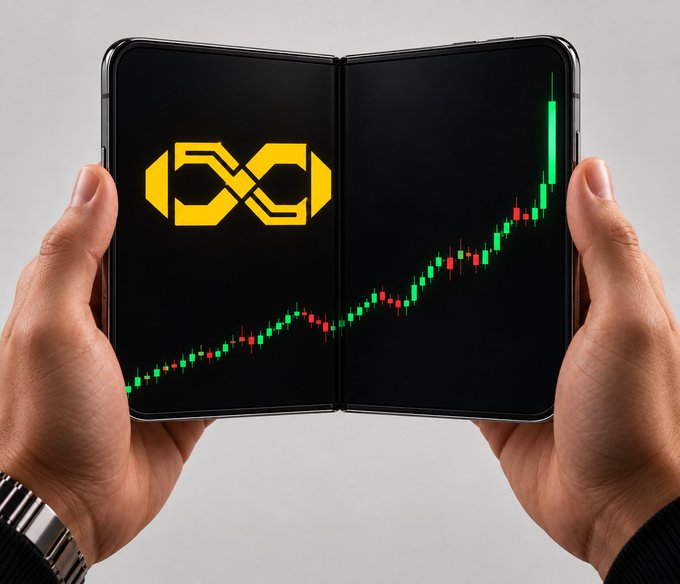 Two hands holding a foldable smartphone displaying a green and red candlestick chart and a yellow infinity/coin logo, representing crypto trading.