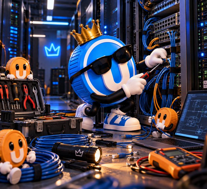 A 3D animated Unistrut character wearing a gold crown and sunglasses works on network cabling in a server room, surrounded by toolkits, a multimeter, and small orange mascot figures.