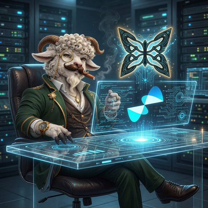 Fantasy illustration of a goat-like humanoid with curly white hair, glasses, and a mustache, sitting at a futuristic holographic console with a butterfly logo above it.