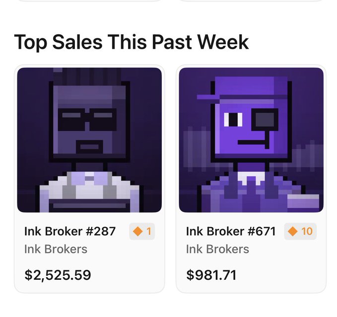 A "Top Sales This Past Week" leaderboard shows two Ink Brokers sales: Ink Broker #287 for $2,525.59 (ranked #1) and Ink Broker #671 for $981.71 (ranked #10), supporting the post's claim that Brokers_on_Ink secured the #1 top sale of the week.