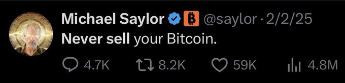 The image features a person's face, likely an icon or logo for a cryptocurrency, with the text "Never sell your Bitcoin." This message seems to be related to the post about Michael Saylor, as indicated by the caption above his name on Twitter. The image is in black and white, which adds a timeless quality to the overall design of the post.