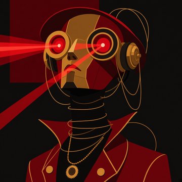 A digital illustration of a robotic figure with glowing red eyes emitting red laser beams, wearing a red coat and gold chain necklace against a dark background.