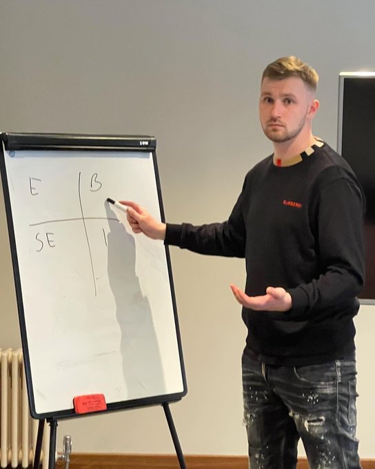 A young man in a black sweatshirt stands next to a flip chart, gesturing toward a 2x2 matrix diagram with quadrants labeled E, B, SE, and another letter.
