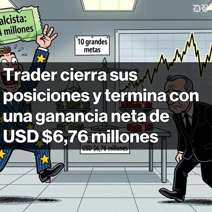 A Spanish-language meme/cartoon image with text 'Trader cierra sus posiciones y termina con una ganancia neta de USD $6,76 millones' (Trader closes his positions and ends with a net gain of USD $6.76 million), depicting a happy trader on the left and a sad trader on the right with a balance scale and stock chart in the background.
