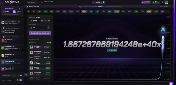 The image shows a SolPump terminal screen displaying a Bet Round payout of 1.667267869194248e+40x with 0.0028 SOL earned, alongside an active leaderboard featuring players like Pungawari, cigarmalone, and "cigars melt 20 for and a ple". This relates to the post celebrating the user's septillion-x win on Spumpio, with cigarmalone highlighted as the bet taker.