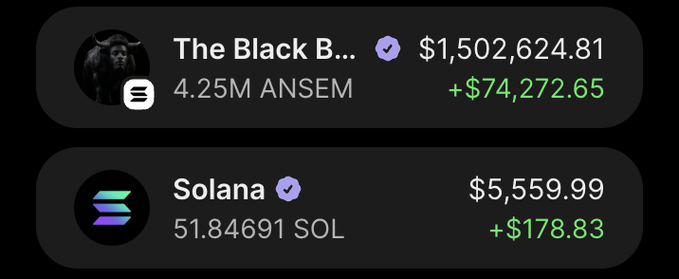 A cryptocurrency portfolio screenshot showing two holdings: "The Black B..." (likely $BLK) with 4.25M ANSEM valued at $1,502,624.81 (+$74,272.65), and Solana at 51.84691 SOL worth $5,559.99 (+$178.83), with both tokens displaying verified checkmarks. The image visually supports the post's bullish claim about $ANSEM's recovery and the user's confidence in holding despite others advising to sell.