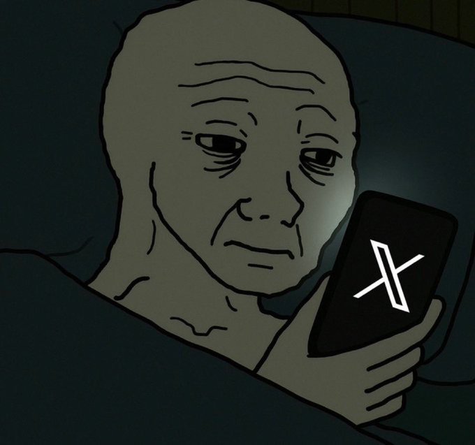 A 'Wojak' style cartoon illustration of a bald, wrinkled man lying in bed looking tired while illuminated by the glow of a smartphone displaying the X (Twitter) logo.