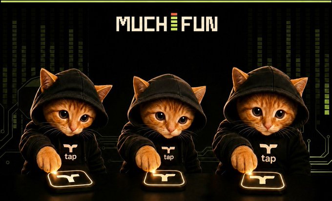 Three orange kittens in black hoodies with "tap" logos on their chests sit in a row, each pressing their paw on a glowing "Y"-shaped button, with "MUCH FUN" displayed at the top against a green digital equalizer background. The image visually represents the "much.fun/project/8" launch, with the kittens' tapping actions symbolizing engagement and community participation as the token gets bonded.