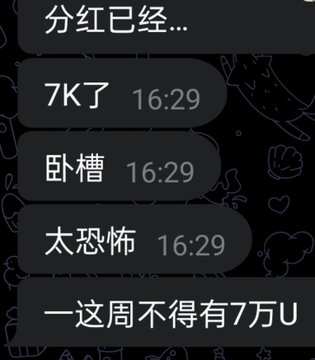 The image shows a chat message thread with texts including "分红已经..." (Dividends have already...), "7K了" (Reached 7K), "卧槽" (WTF), "太恐怖" (So terrifying), and "一这周不得有7万U" (Aren't there 70k U this week) all timestamped at 16:29. The messages reflect excitement about massive dividend payouts of 70k U (Tether), directly corresponding to the post's note about "Ed bro's dividends" reaching extraordinary levels while the user watched others load up.