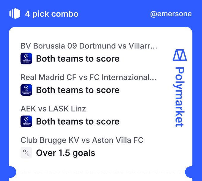 A blue Polymarket 4-pick combo betting slip by @emersone showing selections for Champions League and Europa League matches, including "Both teams to score" for Dortmund vs Villarreal, Real Madrid vs Inter, AEK vs LASK, and "Over 1.5 goals" for Club Brugge vs Aston Villa.