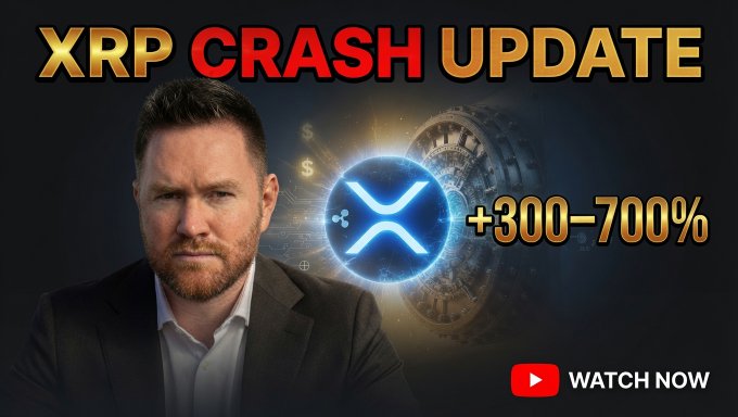 The image shows a man dressed formally, likely wearing a suit, standing against a dark gray background. The man is positioned towards the center of the frame, and he appears deep in thought or serious contemplation. His gaze is directed off to the side. 

In the foreground of the image, there are two lines of text: one reading "XRP has crashed almost 70% since our high last year" and another saying "I still believe we have 300-700%" on a white background that extends across most of the photo. These texts provide context about XRP's performance in the market.