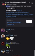 A Discord screenshot showing a message in '#Auction Winners' with the URL 'https://moonbirds.io/' and details about Moonbirds being minted for 2.5 ETH, listing winners like 'Kangrh' and 'BIGGINAY'.