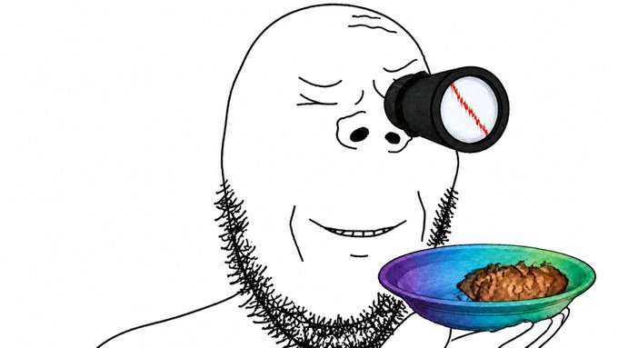 The 'Wojak' soyjak meme face wearing a sniper scope and holding a bowl of what appears to be feces.