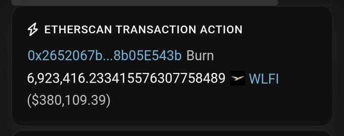 An Etherscan transaction record showing a token burn of 6,923,416.2334155576307758489 WLFI (valued at $380,109.39) from address 0x2652067b...8b05E543b. The image serves as evidence of a previous WLFI burn transaction, supporting the post's question about when the next burn will occur given that 80 days have passed since this one despite continued protocol fee generation.