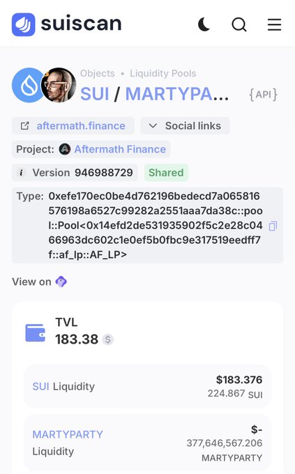 A Suiscan blockchain explorer page showing a SUI/MARTYPARTY liquidity pool on Aftermath Finance with a TVL of $183.38, containing 224.867 SUI and 377,646,567.206 MARTYPARTY tokens.