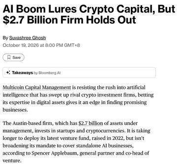 A Bloomberg Takeaways article is headlined “AI Boom Lures Crypto Capital, But $2.7 Billion Firm Holds Out” and says Austin-based Multicoin Capital, which has $2.7 billion in assets under management, is taking longer to deploy its venture fund and won’t broaden its mandate to cover standalone AI businesses. The image supports the accompanying post’s report that Multicoin, unlike Paradigm, Framework Ventures and Haun Ventures, plans to remain focused on crypto, though it does not mention HYPE.
