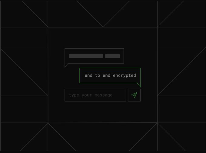 A dark-themed messaging app interface mockup displaying a chat bubble with the text 'end to end encrypted' above a message input field that says 'type your message.'