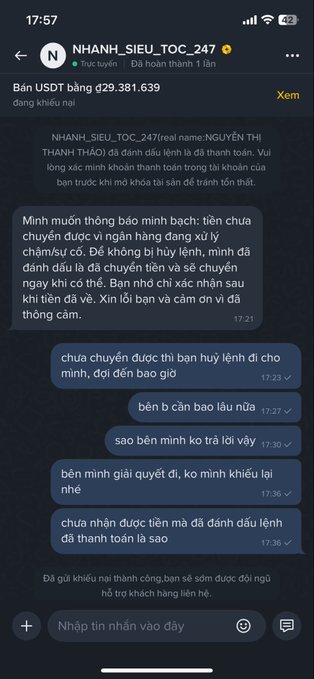 Vietnamese-language Telegram chat screenshots from 'NHANH_SIEU_TOC_247' showing messages about transferring funds and a USDT balance of 29,381,639.