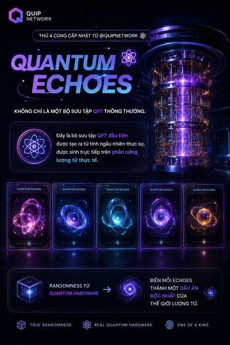 An advertisement for QUIP Network showcases 'QUANTUM ECHOES,' a QFT NFT collection generated using real quantum hardware randomness.