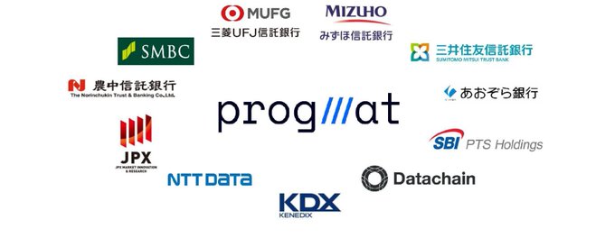 A collection of Japanese financial institution logos including MUFG, Mizuho, SMBC, Sumitomo Mitsui Trust Bank, Nomura, Aozora Bank, Progmat, SBI PTS Holdings, JPX, NTT Data, Datachain, and KDX.