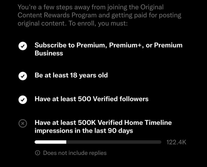 A screenshot showing X/Twitter's Original Content Rewards Program enrollment requirements, with three checked conditions (Subscribe to Premium, 18+ age, 500 Verified followers) and one incomplete requirement of 500K Verified Home Timeline impressions in the last 90 days, currently at 122.4K.