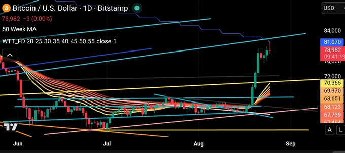 A daily Bitcoin/U.S. Dollar chart on Bitstamp shows the price at 78,982. The chart includes various technical indicators like the WTT_FD, 50 Week MA, and multiple moving averages and trendlines.