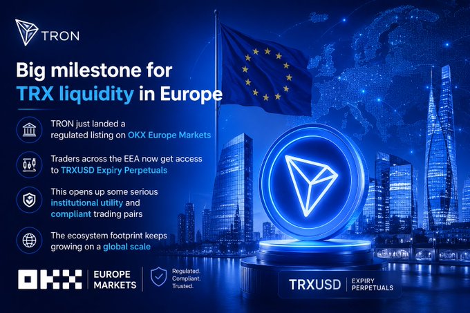 The image features a blue circular coin with a triangle design, surrounded by buildings and city lights. In front of the coin, there's a banner that reads "Big milestone for TRX liquidity in Europe" and "TRON just landed a regulated listing on OKX Europe Markets". The text also mentions "focus on what is in the image and how it relates to the post", which suggests that the image might be related to a discussion or analysis of the coin's value, market trends, or trading strategies.