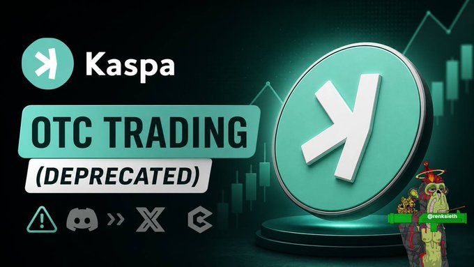 A graphic featuring the Kaspa logo with text 'OTC TRADING (DEPRECATED)' over a dark green background with a skull mascot.