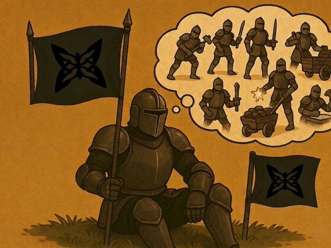 An illustrated knight in armor sits holding a flag with a butterfly emblem, while a thought bubble shows other knights wielding swords and pushing carts of gold.