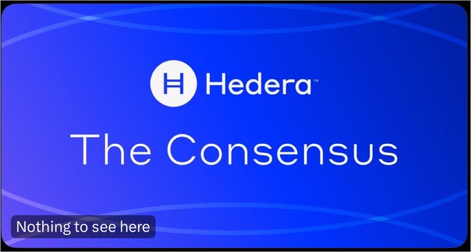 A blue graphic displays the Hedera (H) logo with the text "The Consensus" prominently centered, while a small overlay in the bottom-left corner reads "Nothing to see here," echoing the post's theme that Hedera's most valuable work—building invisible, foundational blockchain infrastructure—goes unnoticed by those focused only on tokens.